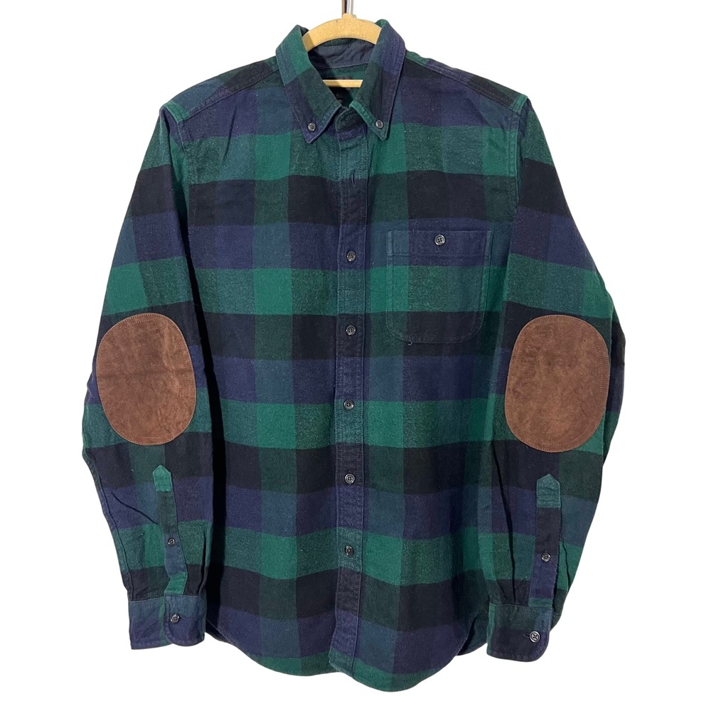 J.Crew Flannel Shirt Mens S Green Navy Buffalo Check Cotton Wool Elbow Patch